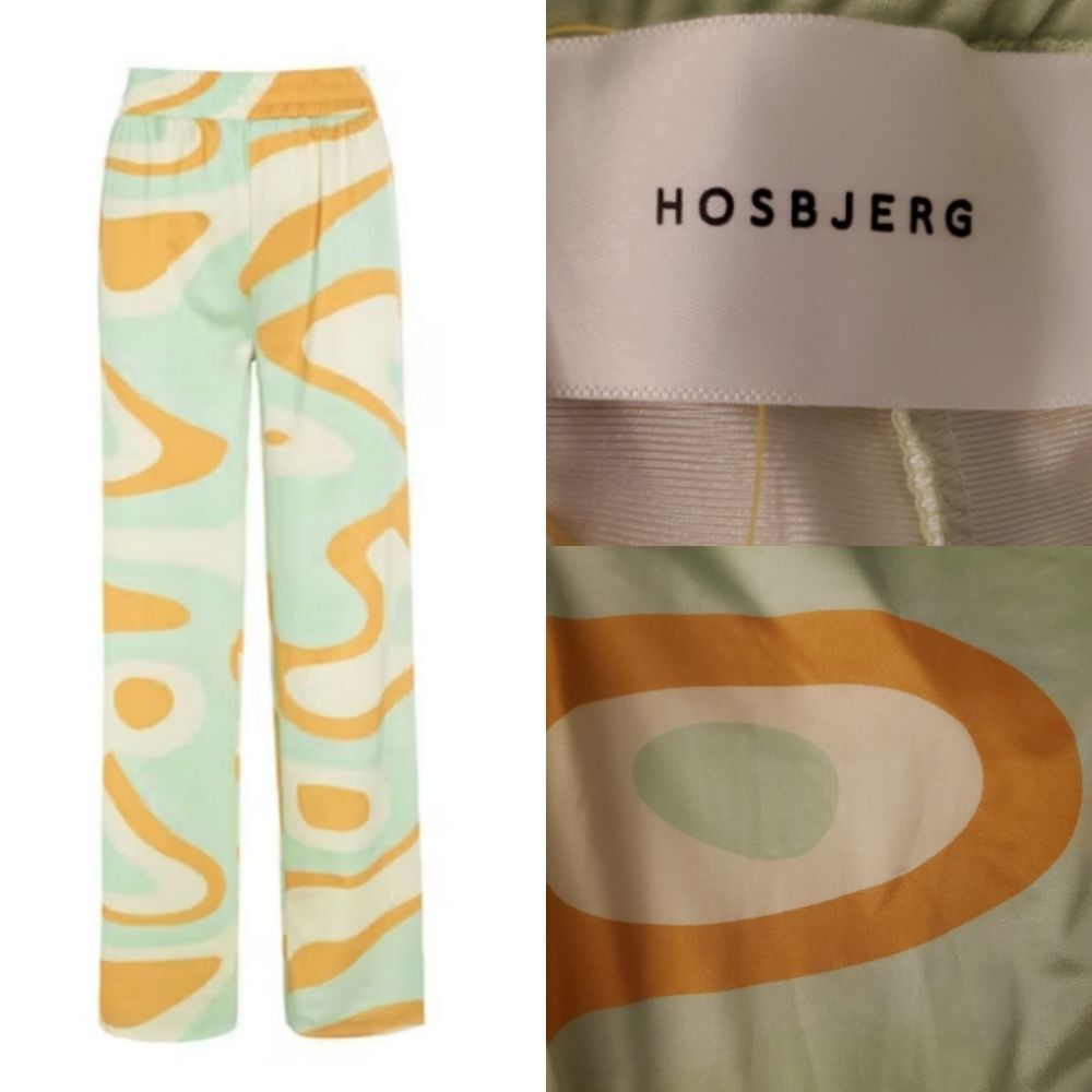 $160 NEW HOSBJERG stretch satin GREEN TAN COMFORT 1970s PRINT PANTS L LARGE NWT